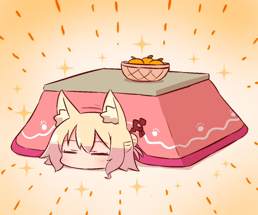 1girl animal_ear_fluff animal_ears bangs basket blonde_hair blush closed_eyes eyebrows_visible_through_hair facing_viewer food fox_ears fruit hair_between_eyes hair_bun hair_ornament head kemomimi-chan_(naga_u) kotatsu long_hair lying mandarin_orange naga_u on_stomach original sidelocks solo sparkle table under_kotatsu under_table