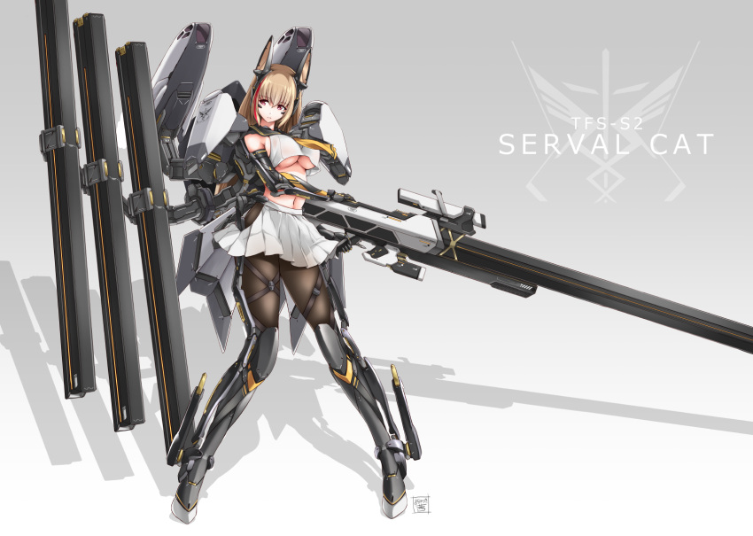 1girl akatsuki_akane animal_ears bare_shoulders blonde_hair breasts brown_eyes commentary_request elbow_pads grey_background highres large_breasts long_hair mecha_musume midriff navel original pantyhose scope serval_ears shadow skirt solo thighs under_boob white_skirt