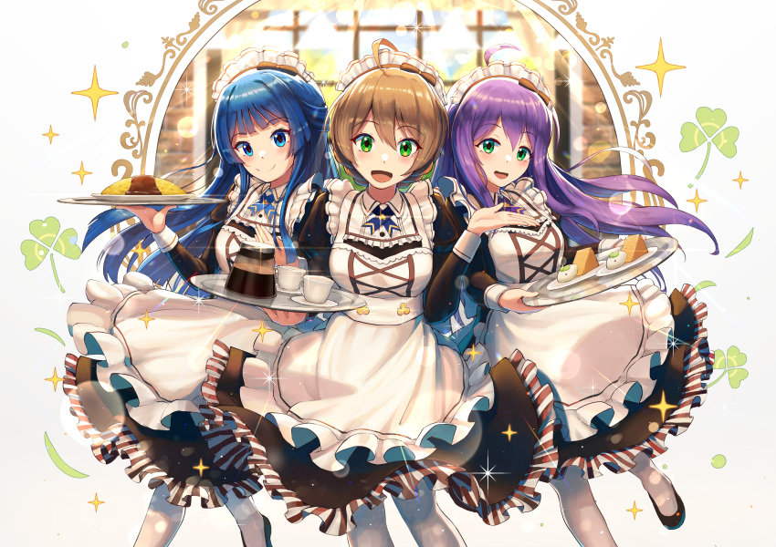 3girls absurdres ahoge apron blue_eyes blue_hair blush braid brown_hair cake closed_mouth clover coffee cup eyebrows_visible_through_hair food french_braid green_eyes highres holding holding_tray huge_filesize idolmaster idolmaster_million_live! idolmaster_million_live!_theater_days long_hair looking_at_viewer maid maid_apron maid_headdress mazeru_(oekaki1210) mochizuki_anna mogami_shizuka multiple_girls omelet open_mouth purple_hair sakuramori_kaori short_hair smile tray white_legwear