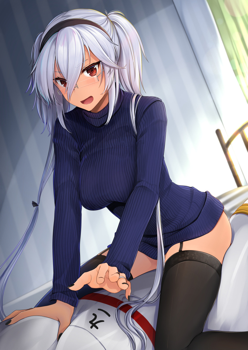 1girl absurdres alternate_costume black_headband black_legwear black_nails blue_sweater blush breasts commentary_request curtains garter_straps glasses grey_hair highres indoors jewelry kantai_collection large_breasts long_hair long_sleeves looking_at_viewer musashi_(kantai_collection) nail_polish on_bed open_mouth red_eyes remodel_(kantai_collection) ribbed_sweater ring sitting_on_pillow solo sunlight sweater turtleneck twintails type_91_armor-piercing_shell very_long_hair wedding_band yunamaro