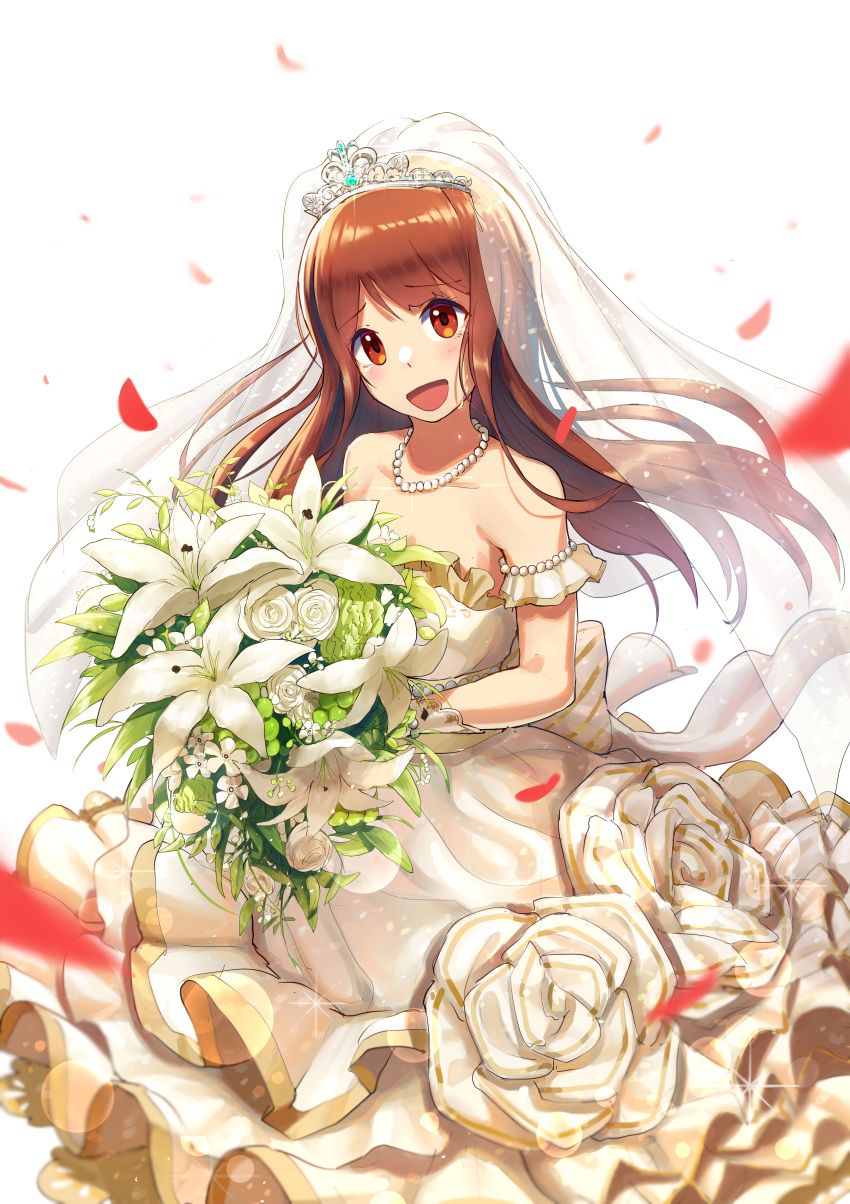 1girl absurdres bangs bare_shoulders blurry blush bokeh bouquet brown_eyes brown_hair commentary depth_of_field dress flower flower_request frills highres huge_filesize idolmaster idolmaster_million_live! idolmaster_million_live!_theater_days jewelry long_hair looking_at_viewer mazeru_(oekaki1210) necklace open_mouth petals see-through smile solo tanaka_kotoha tearing_up tears tiara veil wedding_dress white_background white_dress