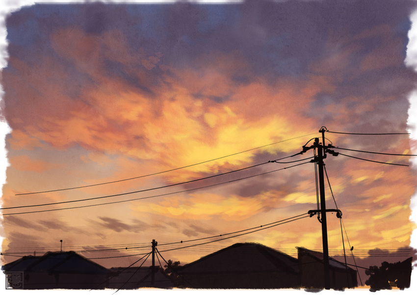 clouds cloudy_sky commentary_request evening no_humans outdoors power_lines scenery sky sunset telephone_pole yk_funa