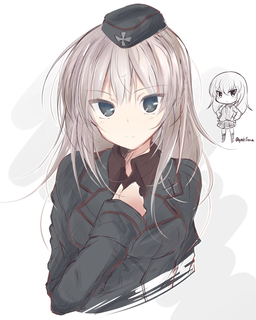1girl bangs black_hat black_jacket blue_eyes chibi closed_mouth commentary cropped_torso dress_shirt emblem english_commentary eyebrows_visible_through_hair frown garrison_cap getsumen_suibaku_ver._a(c) girls_und_panzer hand_on_own_chest hands_on_hips hat highres itsumi_erika jacket kuromorimine_military_uniform kuromorimine_school_uniform light_frown long_hair long_sleeves looking_at_viewer military military_hat military_uniform miniskirt pleated_skirt shirt silver_hair sketch skirt solo twitter_username uniform upper_body v-shaped_eyebrows