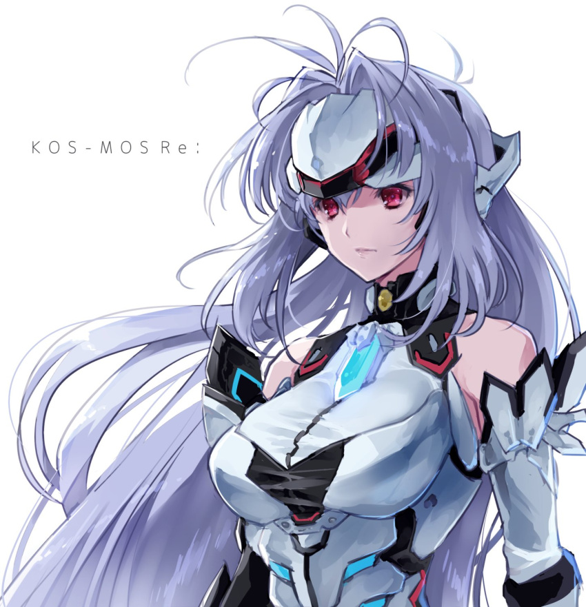 1girl android bare_shoulders blue_hair breasts elbow_gloves expressionless forehead_protector gloves highres jako_(toyprn) kos-mos kos-mos_re: leotard long_hair nintendo red_eyes simple_background very_long_hair white_leotard xenoblade_(series) xenoblade_2 xenosaga