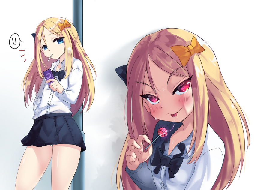 !! 1girl abigail_williams_(fate/grand_order) black_bow black_neckwear black_skirt blonde_hair blue_eyes blush bow bowtie cellphone closed_mouth collared_shirt commentary_request contrapposto dress_shirt fate/grand_order fate_(series) forehead hair_bow half-closed_eyes hand_up highres holding holding_lollipop long_hair long_sleeves looking_at_viewer loose_bowtie miniskirt multiple_views orange_bow panties phone pleated_skirt rayno saliva saliva_trail shiny shiny_hair shirt skirt smartphone smartphone_case smile speech_bubble standing tongue tongue_out underwear very_long_hair white_panties white_shirt wide_hips wing_collar