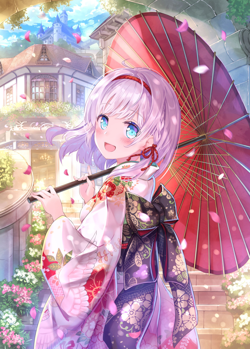 1girl :d ahoge bangs blue_eyes blue_sky blurry blush braid building bush castle cherry_blossoms clouds cloudy_sky commentary_request cowboy_shot day depth_of_field eyebrows_visible_through_hair falling_leaves floating_hair floral_print flower hair_intakes hairband highres holding holding_umbrella japanese_clothes kanipanda kimono leaf light_rays long_hair long_sleeves looking_at_viewer looking_back obi open_mouth oriental_umbrella original outdoors print_kimono sash sidelocks sky smile solo stairs standing tunnel umbrella white_hair white_kimono wide_sleeves window