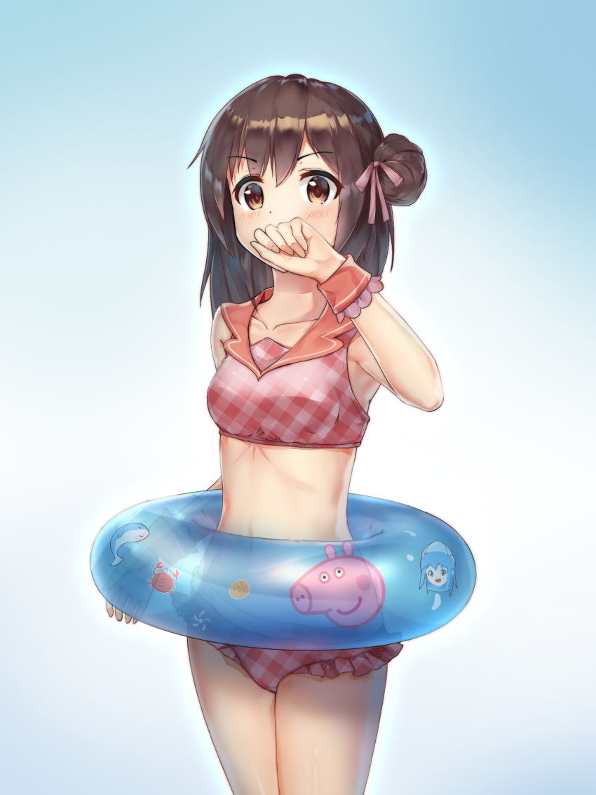 1girl bikini blush brown_eyes brown_hair collarbone covering_mouth cowboy_shot frilled_bikini_bottom hair_ribbon highres ikamusume innertube li_xuejun navel original peppa_pig peppa_pig_(series) pink_bikini pink_ribbon plaid plaid_bikini red_sailor_collar ribbon sailor_collar shinryaku!_ikamusume side_bun solo swimsuit wristband