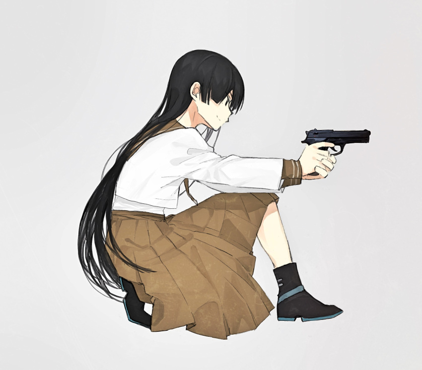 1girl black_hair commentary gun handgun highres holding holding_gun holding_weapon long_hair one_knee original pistol profile school_uniform seallllion serafuku simple_background solo very_long_hair weapon weapon_request