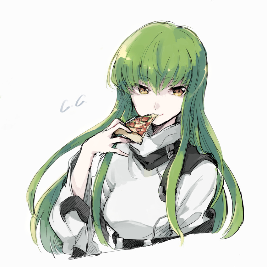 1girl asuna_(doruru-mon) bangs brown_eyes c.c. character_name code_geass cropped_torso eating eyebrows_visible_through_hair floating_hair food green_hair highres holding holding_food long_hair looking_at_viewer pizza shiny shiny_hair simple_background sketch smile solo very_long_hair white_background