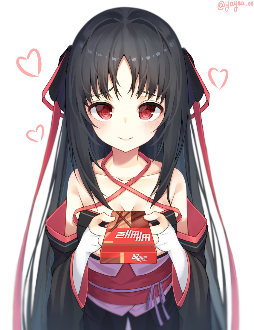 1girl absurdres black_hair eyebrows_visible_through_hair food hair_ornament highres inhoya2000 japanese_clothes kimono long_hair looking_at_viewer machine-doll_wa_kizutsukanai pocky pocky_day red_eyes smile yaya_(machine-doll)