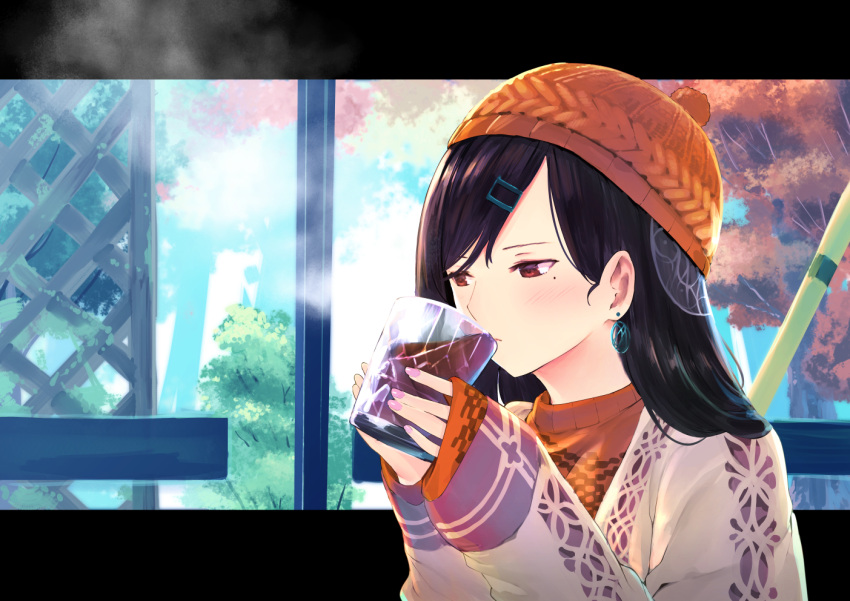 1girl bangs beanie black_hair coat commentary_request cup day drink drinking drinking_glass earrings furukawa_itsuse hair_ornament hairclip hands_up hat jewelry long_hair long_sleeves mole mole_under_eye nail_polish open_clothes open_coat orange_sweater original parted_bangs pink_nails red_eyes sleeves_past_wrists solo steam sweater tree upper_body white_coat window