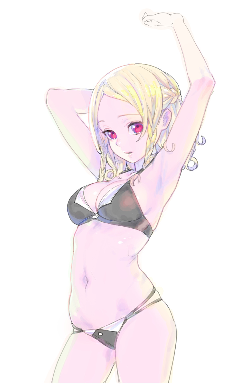 1girl absurdres armpits bangs bikini black_bikini blonde_hair breasts cleavage commentary_request contrapposto cowboy_shot halterneck hand_behind_head hands_up highres looking_at_viewer medium_breasts nagisa_kurousagi navel original parted_bangs parted_lips pink_eyes short_hair simple_background solo standing stretch swimsuit white_background