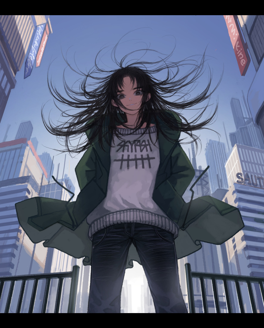 1girl bangs black_eyes black_hair blue_sky building city clothes_writing coat cowboy_shot day denim fence green_coat hands_in_pockets highres jeans letterboxed long_hair long_sleeves looking_at_viewer original outdoors pants parted_bangs parted_lips sky skyscraper smile solo standing sweater wind window1228