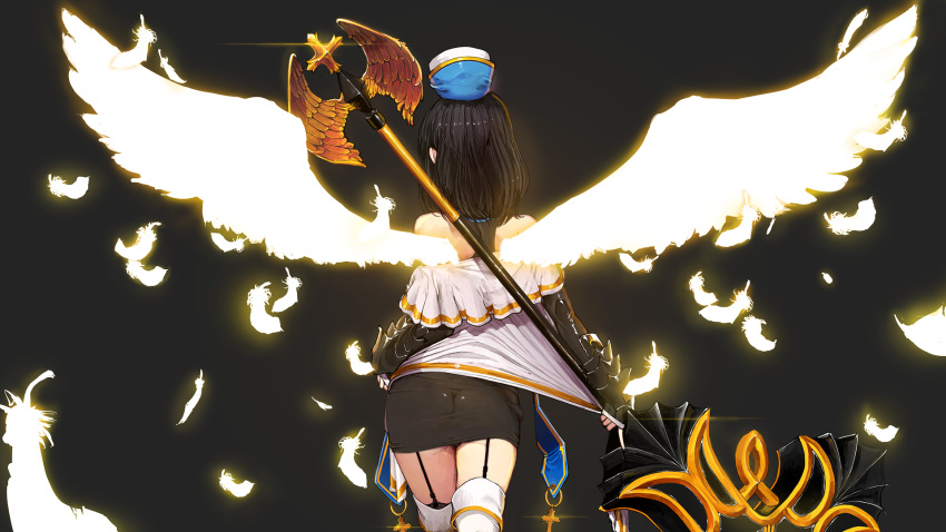 1girl ass bare_shoulders black_background black_dress black_hair boots dress dungeon_and_fighter feathers female_priest_(dungeon_and_fighter) from_behind garter_straps happening18 hat highres holding holding_weapon short_hair solo taut_clothes taut_dress thigh-highs thigh_boots weapon white_footwear wings zettai_ryouiki