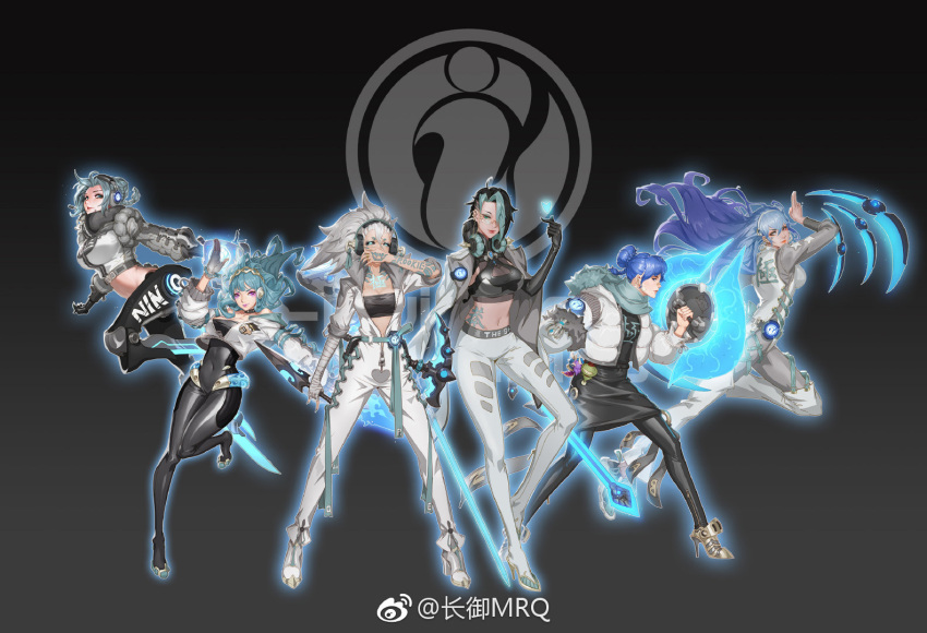 6+girls akali artist_name baolan_(gamer) camille_(league_of_legends) character_name chinese_commentary commentary dagger draven duke_(gamer) fiora_laurent glasses invictus_gaming irelia jackeylove_(gamer) kai'sa league_of_legends league_of_legends_world_championship leona_(league_of_legends) mrq multiple_girls ning_(gamer) rookie_(gamer) shield sickle sword tattoo theshy_(gamer) weapon