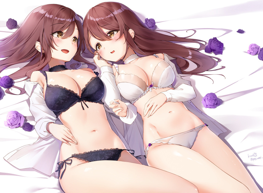 2girls absurdres bangs black_bra black_panties blush bra breasts brown_hair caress choker cleavage commentary_request eyebrows_visible_through_hair from_above front-tie_top highres idolmaster idolmaster_shiny_colors long_hair long_sleeves looking_at_another lying medium_breasts multiple_girls navel no_pants on_back oosaki_amana oosaki_tenka open_clothes open_mouth open_shirt panties shiratama_akane shirt side-tie_panties smile underwear white_bra white_panties white_shirt yellow_eyes