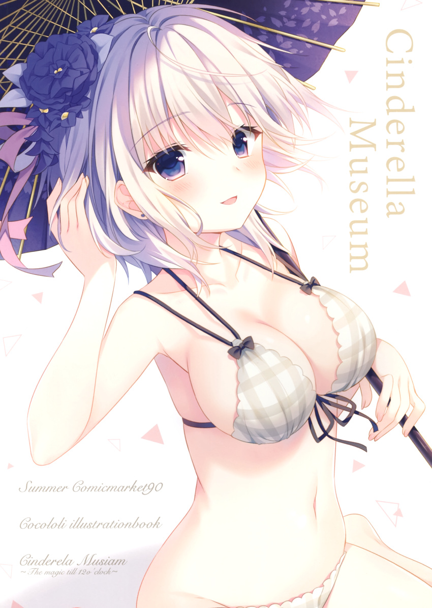 1girl :d absurdres anastasia_(idolmaster) artist_name bangs bare_arms bikini blue_eyes blue_flower blue_ribbon blush breasts cleavage collarbone earrings eyebrows eyebrows_visible_through_hair eyelashes fingernails flower front-tie_bikini front-tie_top groin hair_between_eyes hair_flower hair_ornament hair_ribbon hand_in_hair highres holding holding_umbrella idolmaster idolmaster_cinderella_girls jewelry looking_at_viewer medium_breasts multi-strapped_bikini navel open_mouth oriental_umbrella plaid plaid_bikini purple_ribbon ribbon scan short_hair side-tie_bikini silver_hair simple_background sitting smile solo stomach stud_earrings swimsuit triangle umbrella wariza white_background yamcha_(cocololi)