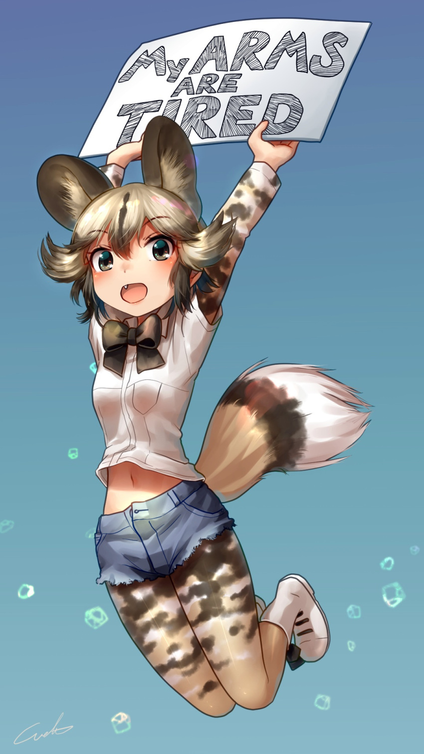 1girl :d african_wild_dog_(kemono_friends) african_wild_dog_print animal_ears arms_up blonde_hair boots bow bowtie brown_hair collared_shirt commentary_request cutoffs denim denim_shorts dog_ears dog_tail english extra_ears eyebrows_visible_through_hair fang grey_hair highres irony jumping kemono_friends long_sleeves looking_at_viewer midriff_peek multicolored_hair navel open_mouth pantyhose print_legwear shirt short_hair short_sleeves shorts sign smile solo tail welt_(kinsei_koutenkyoku)