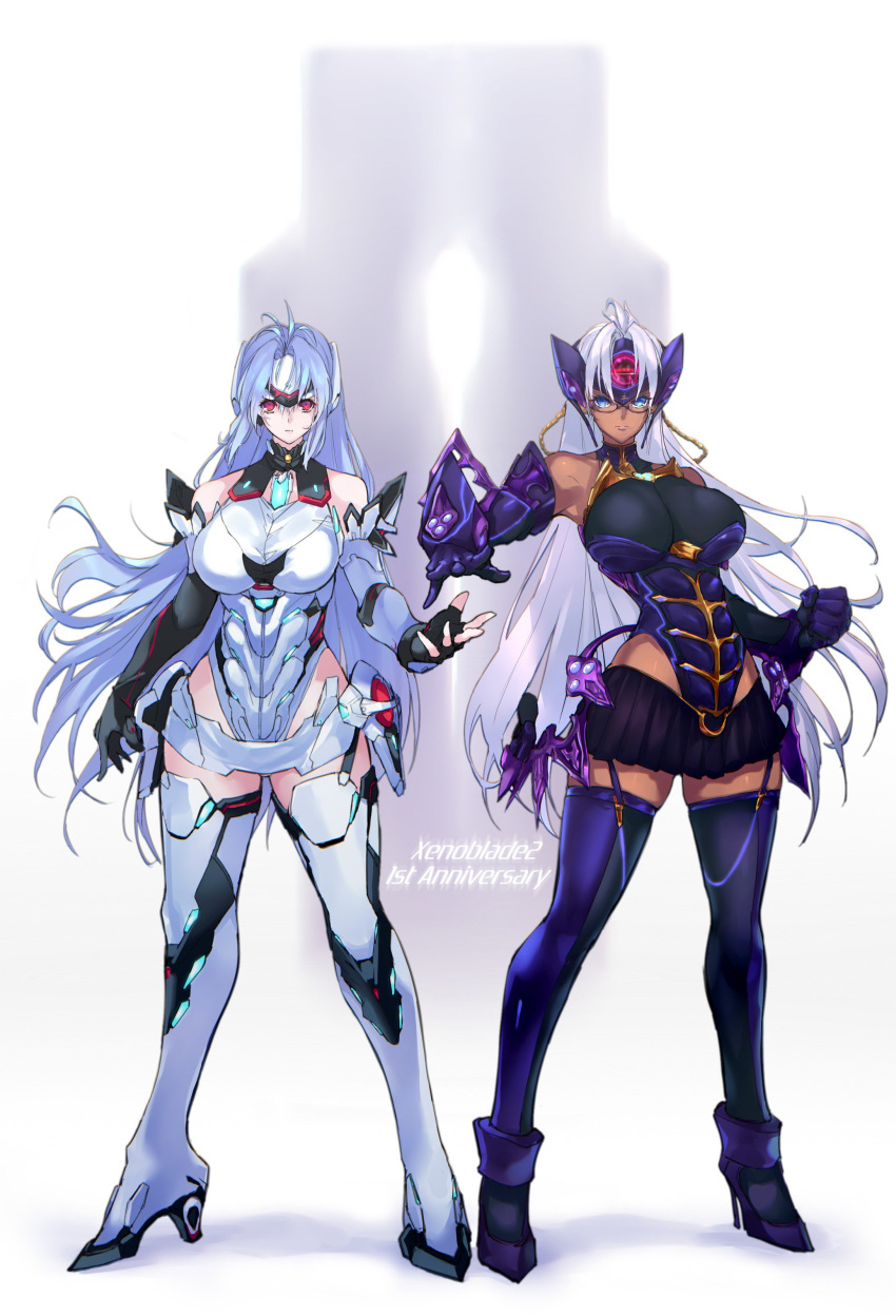 2girls absurdres android bare_shoulders blue_eyes blue_hair breasts cleavage cyborg dark_skin elbow_gloves expressionless forehead_protector glasses gloves highres kos-mos kos-mos_re: large_breasts leotard long_hair looking_at_viewer multiple_girls negresco nintendo red_eyes silver_hair simple_background standing t-elos t-elos_re thigh-highs very_long_hair white_leotard xenoblade_(series) xenoblade_2 xenosaga xenosaga_episode_iii
