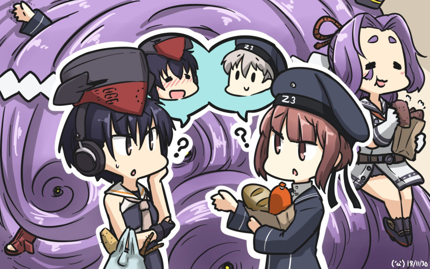 3girls =_= ? asymmetrical_hair bag black_hair black_swimsuit blue_dress blue_eyes brown_eyes clothes_writing commentary_request dated dress food framed_breasts gloves groceries hair_between_eyes hamu_koutarou hat hatsuharu_(kantai_collection) headphones highres i-13_(kantai_collection) i-14_(kantai_collection) kantai_collection long_hair multiple_girls one-piece_swimsuit paper_bag partly_fingerless_gloves peaked_cap plastic_bag ponytail purple_hair remodel_(kantai_collection) sailor_collar sailor_dress sailor_hat school_swimsuit short_hair silver_hair single_glove sitting speech_bubble sweet_potato swimsuit tsurime white_sailor_collar z1_leberecht_maass_(kantai_collection) z3_max_schultz_(kantai_collection)