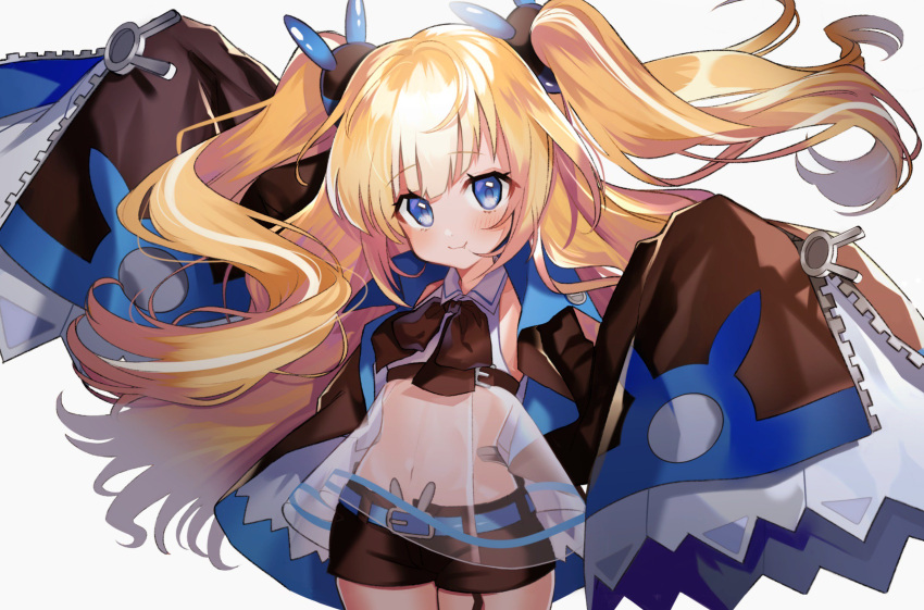 1girl azur_lane black_jacket blonde_hair blue_eyes blush collared_jacket commentary_request fang floating_hair highres jacket kalk_(azur_lane) long_hair long_sleeves looking_at_viewer midriff navel open_clothes open_jacket pomu_(pomu_me) rabbit see-through sleeves_past_fingers sleeves_past_wrists smile solo two_side_up very_long_hair wide_sleeves zipper_pull_tab