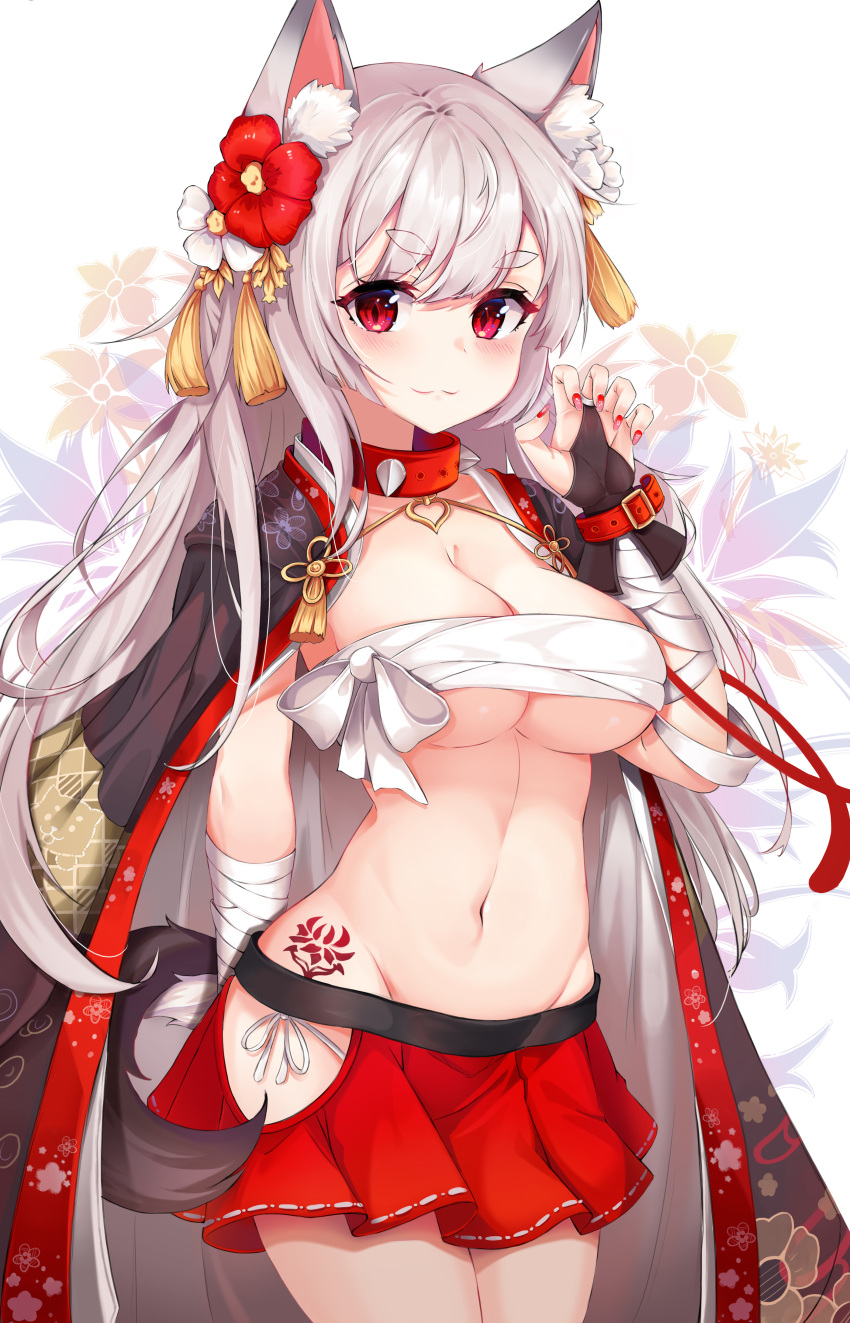 1girl :3 absurdres animal_ear_fluff animal_ears azur_lane bandage bandaged_arm bandages bangs black_coat blush breasts budget_sarashi claw_pose cleavage closed_mouth collar commentary_request cowboy_shot dog_ears dog_tail eyebrows_visible_through_hair floral_background flower groin hair_flower hair_ornament hand_up highres hip_vent jacket_on_shoulders lebring looking_at_viewer medium_breasts miniskirt nail_polish navel panties pleated_skirt red_eyes red_flower red_nails red_skirt sarashi side-tie_panties silver_hair skirt smile solo spiked_collar spikes standing stomach tail tassel tattoo thick_eyebrows under_boob underwear white_flower white_panties yuudachi_(azur_lane)