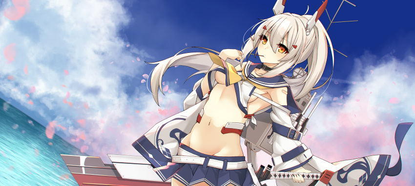 1girl ashisi ayanami_(azur_lane) azur_lane bandaid bandaid_on_shoulder bangs belt black_choker blue_sailor_collar blue_skirt breasts cannon choker clouds commentary_request cowboy_shot crop_top detached_sleeves eyebrows_visible_through_hair food food_in_mouth groin hair_between_eyes hair_ornament hairclip hand_up headgear high_ponytail highres hips holding holding_sword holding_weapon looking_at_viewer machinery medium_breasts midriff navel orange_eyes petals pleated_skirt pocky ponytail remodel_(azur_lane) sailor_collar school_uniform serafuku shirt sideboob sidelocks silver_hair skirt sky solo sword under_boob water weapon white_belt white_shirt wide_sleeves yellow_neckwear