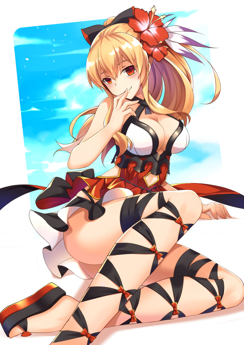 1girl black_bow blonde_hair bow breasts cleavage criss-cross_halter flower granblue_fantasy hair_bow hair_flower hair_ornament halterneck hand_to_own_mouth hibiscus highres large_breasts long_hair looking_at_viewer orange_eyes platform_footwear ponytail red_bow rx7649 slippers smile solo thigh-highs vira_lilie