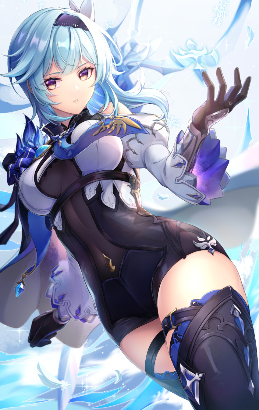 1girl bangs bare_shoulders black_gloves blue_hair blue_neckwear bodystocking boots breasts cape center_opening covered_navel eula_(genshin_impact) genshin_impact gloves hair_ornament highres leotard long_sleeves looking_at_viewer medium_breasts medium_hair necktie noan parted_lips solo thigh-highs thigh_boots thigh_strap violet_eyes wide_sleeves