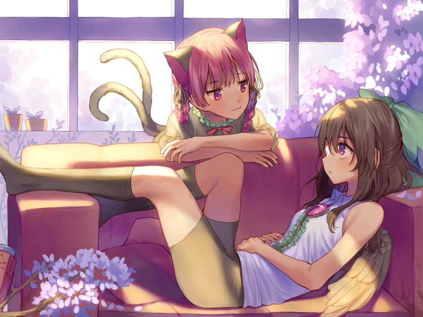 2girls :3 animal_ears backlighting bangs bare_arms bike_shorts black_legwear black_ribbon black_wings bow brown_hair cannon cat_ears cat_tail closed_mouth commentary_request couch day eye_contact eyebrows_visible_through_hair feathered_wings green_bow hair_bow hair_ribbon indoors kaenbyou_rin korean_commentary leaning_forward long_hair looking_at_another lying misha_(hoongju) multiple_girls multiple_tails no_shoes on_back on_couch petals plant potted_plant red_bow red_eyes redhead reiuji_utsuho ribbon shirt short_sleeves sleeveless sleeveless_shirt smile tail third_eye touhou two_tails white_shirt window wings