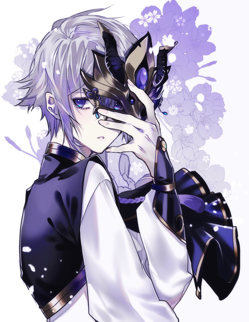 1boy blue_eyes fate/grand_order fate_(series) fingerless_gloves flower gao_changgong_(fate) gloves hair_between_eyes highres kaa male_focus mask mask_removed open_mouth short_hair silver_hair solo