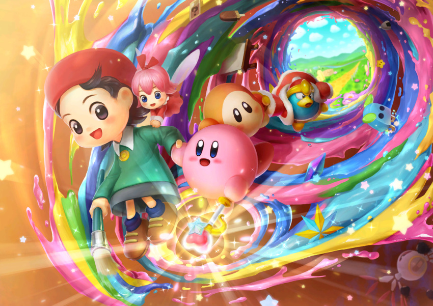 2girls 3boys adeleine animal bandaid beak beret bird black_hair card creature crystal dark_matter_(specie) fairy food glowing hal_laboratory_inc. halo hand_holding hat hoshi_no_kirby hoshi_no_kirby_64 human king_dedede kirby kirby_(series) kirby_(specie) kirby_64 nintendo official_art onigiri paint paintbrush penguin pink_hair pink_puff_ball plugg_(kirby) popsicle question_mark ribbon_(kirby) road smile star waddle_dee waddle_dee_(specie) wand wings zero_two_(kirby)