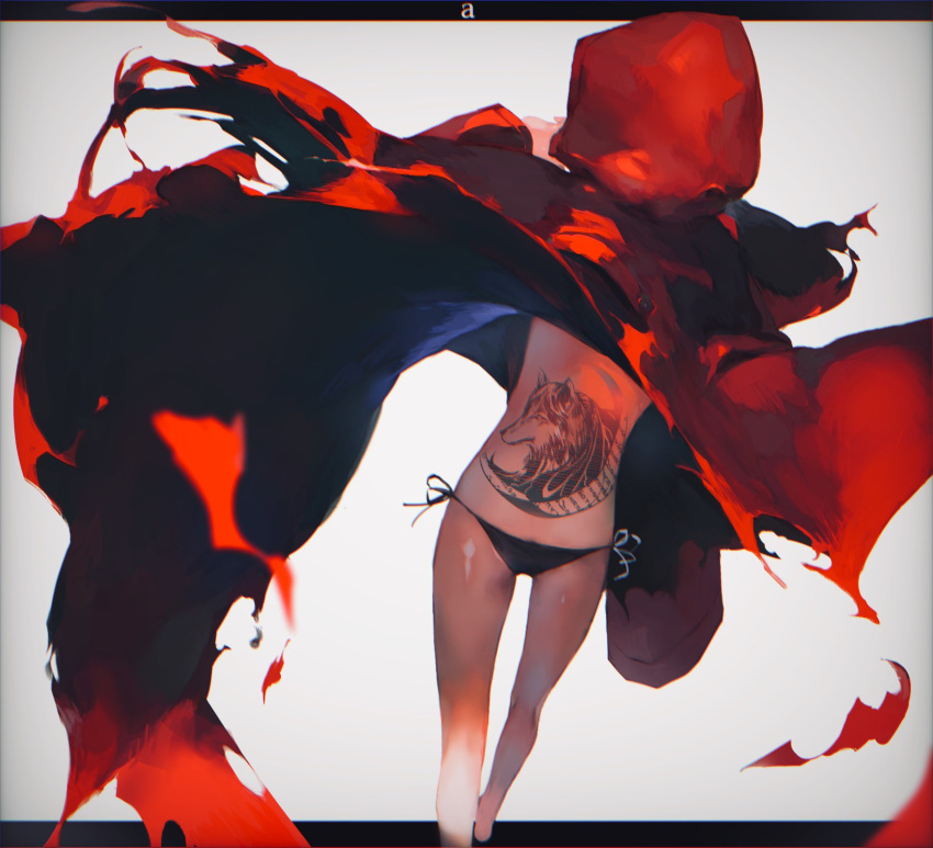 1girl aigushi ass bare_legs black_panties cloak dutch_angle highres hood hood_up hooded_cloak long_sleeves original outside_border panties red_cloak shiny shiny_skin side-tie_panties solo tattoo torn_cloak torn_clothes underwear walking wind wind_lift