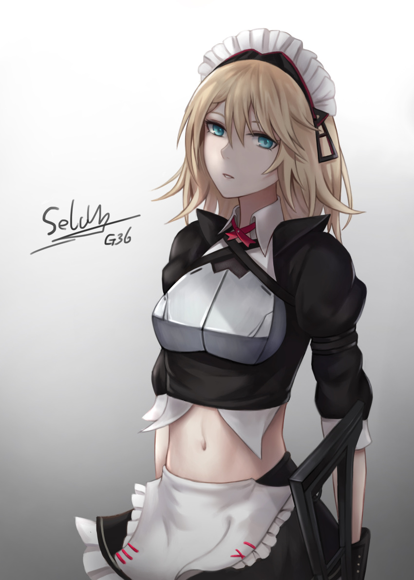 1girl absurdres apron assault_rifle bangs black_gloves blonde_hair blue_eyes breastplate breasts character_name collared_shirt eyebrows_visible_through_hair g36 g36_(girls_frontline) girls_frontline gloves gun hair_between_eyes heckler_&amp;_koch highres holding holding_gun holding_weapon looking_at_viewer maid maid_apron maid_headdress medium_breasts midriff mod3_(girls_frontline) navel parted_lips rifle selcky shirt sidelocks skirt solo weapon