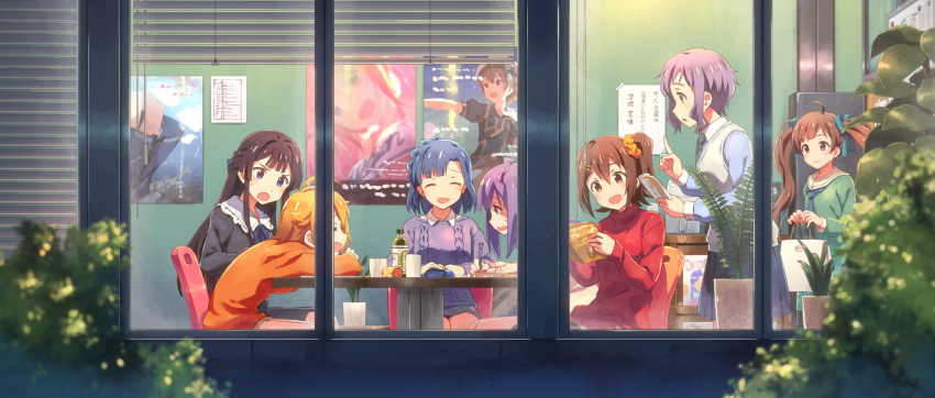 6+girls blinds blue_eyes blue_hair blurry_foreground book brown_eyes brown_hair chair commentary_request from_outside hakozaki_serika half_updo highres idolmaster idolmaster_million_live! kasuga_mirai long_hair long_sleeves makabe_mizuki mochizuki_anna mogami_shizuka multiple_girls nanao_yuriko necktie pen plant poster_(object) potted_plant purple_hair sakuramori_kaori short_hair side_ponytail sweater table turtleneck turtleneck_sweater vest window yabuki_kana yuuki_tatsuya