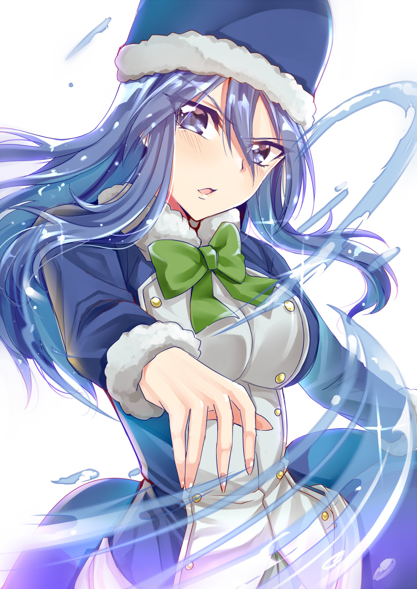 1girl absurdres blue_eyes blue_hair blue_hat bow bowtie coat fairy_tail floating_hair fur-trimmed_hat fur_trim green_bow green_neckwear gu_li hair_between_eyes hat head_tilt highres juvia_lockser long_hair looking_at_viewer open_mouth shiny shiny_hair solo standing upper_body white_background