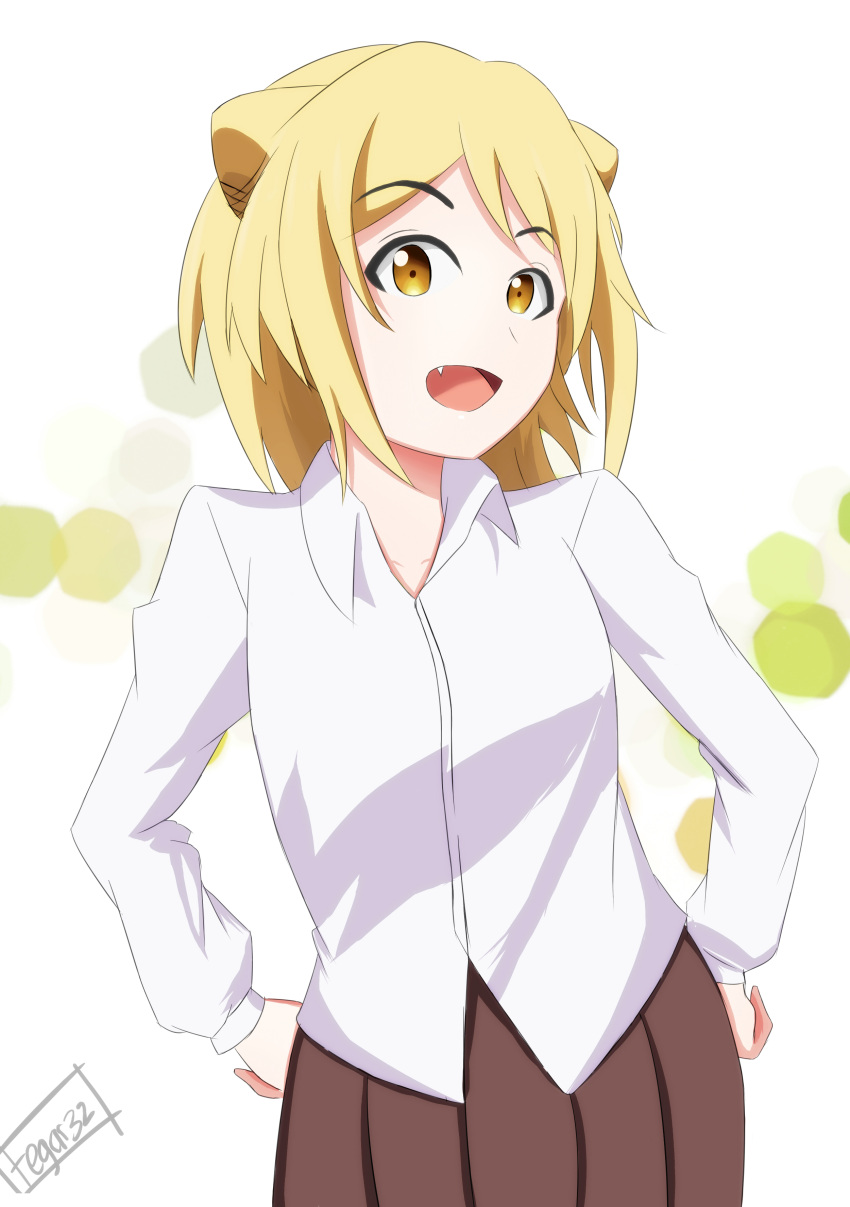 1girl absurdres artist_name blonde_hair demi-chan_wa_kataritai fang hands_on_hips highres raised_eyebrows short_hair smile solo takanashi_hikari tegar32 vampire white_background yellow_eyes