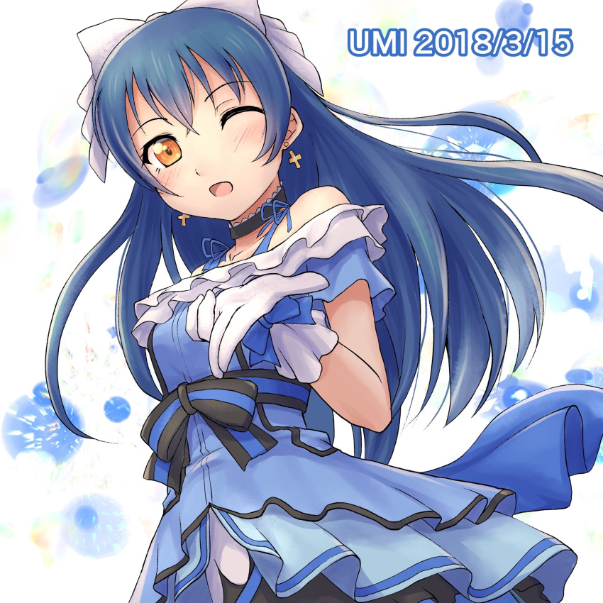 1girl b.ren bangs bare_shoulders blue_hair bow choker dress earrings gloves hair_between_eyes hair_bow hair_ornament highres jewelry kira-kira_sensation! long_hair looking_at_viewer love_live! love_live!_school_idol_project one_eye_closed open_mouth smile solo sonoda_umi yellow_eyes