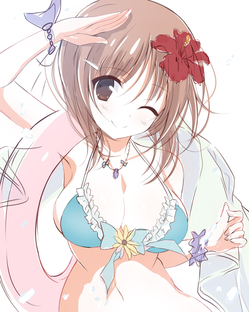1girl ;) arm_up bangs bikini blue_bikini bow_bikini bracelet breasts brown_eyes brown_hair carrying cleavage closed_mouth commentary_request flower flower_request frilled_bikini frills getsumen_suibaku_ver._a(c) girls_und_panzer hair_flower hair_ornament hairclip highres innertube jewelry looking_at_viewer medium_breasts navel necklace nishizumi_miho one_eye_closed salute short_hair sketch smile solo standing swimsuit white_background wristband