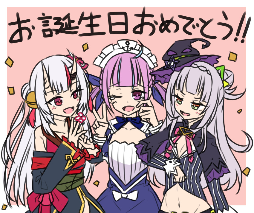 3girls absurdres anchor_symbol breasts capelet cleavage commentary_request crop_top detached_sleeves fang hair_bun hair_ornament hat highres hololive long_hair looking_at_another maid_headdress midriff minato_aqua multiple_girls murasaki_shion nakiri_ayame navel open_mouth purple_hair red_eyes silver_hair summer_wind_(ntsksp) translated violet_eyes virtual_youtuber witch_hat