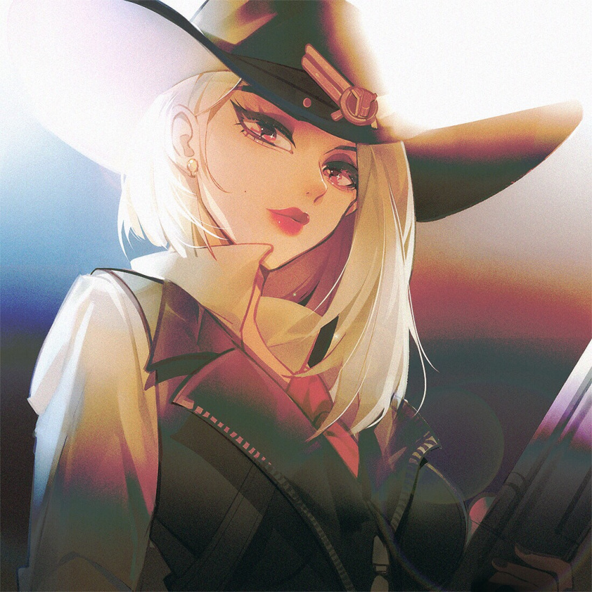 1girl ashe_(overwatch) asymmetrical_hair cowboy_hat earrings gun hat jewelry lips lipstick makeup medium_hair mole mole_above_mouth nail_polish necktie overwatch red_lipstick road_233 shirt short_hair solo stud_earrings vest weapon white_hair