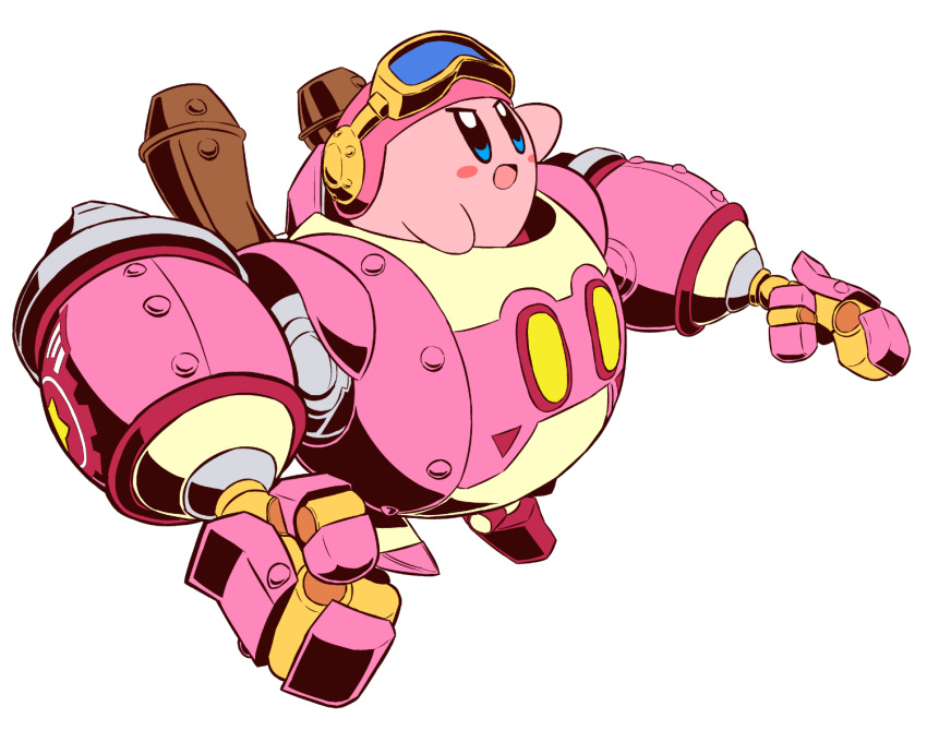 :o blue_eyes blush_stickers goggles goggles_on_head helmet highres kirby kirby:_planet_robobot kirby_(series) mecha naga_u nintendo open_mouth robobot_armor robot simple_background solo white_background