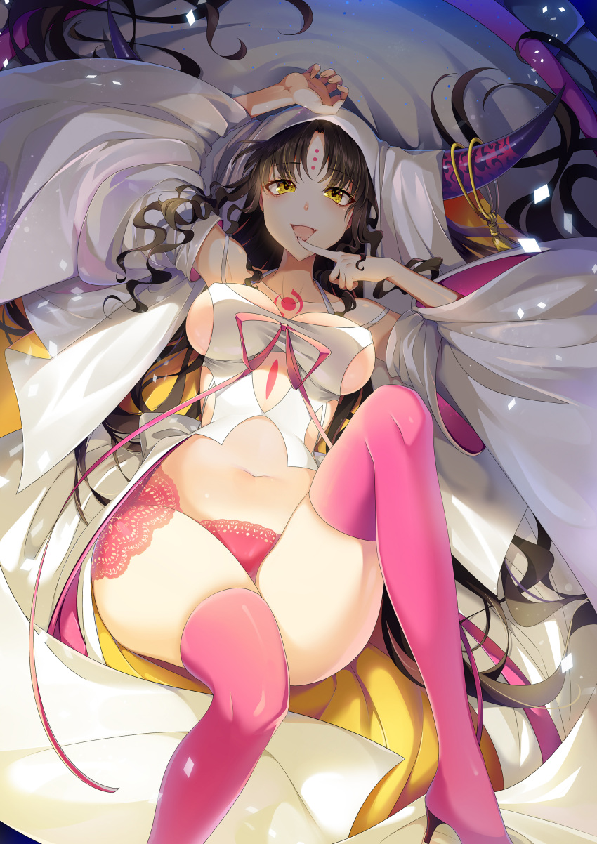1girl :d absurdres armpits bangs bare_shoulders black_hair blush boots breasts canegouzi collarbone detached_sleeves facial_mark fangs fate/grand_order fate_(series) forehead_mark habit highres horns long_hair looking_at_viewer lying medium_breasts navel on_back open_mouth panties parted_bangs pink_legwear pink_panties revealing_clothes sesshouin_kiara sideboob smile solo stomach tattoo thigh-highs thigh_boots tongue tongue_out underwear veil very_long_hair wavy_hair wide_sleeves yellow_eyes