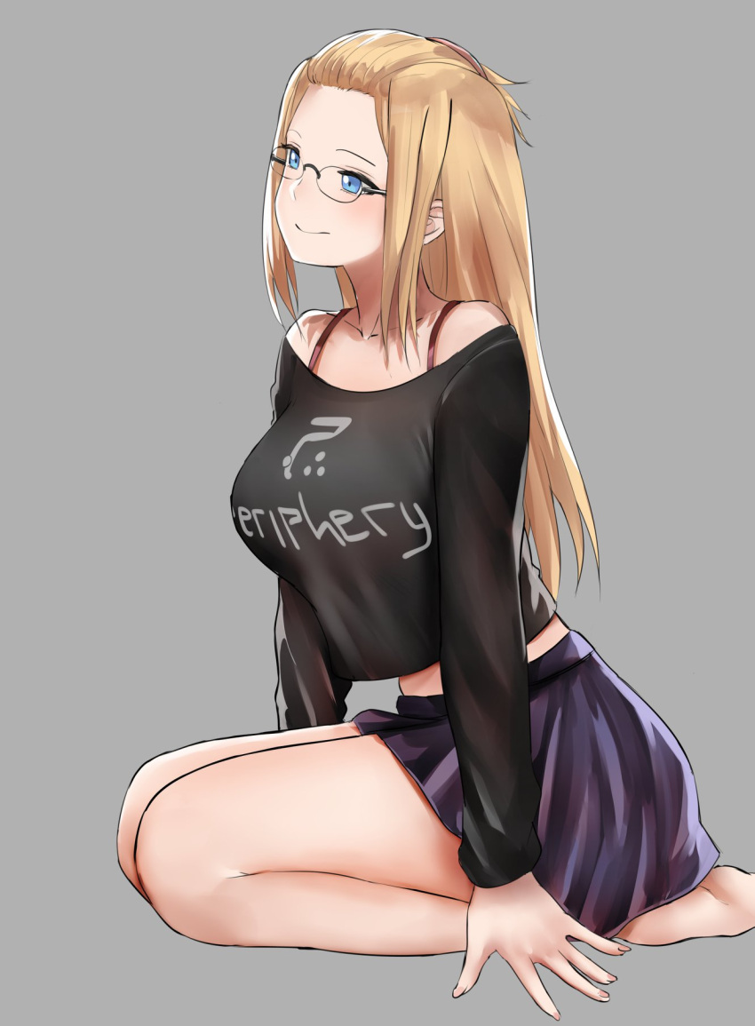1girl black_skirt black_sweater blonde_hair blue_eyes blush bra_strap breasts closed_mouth folded_hair from_side glasses grey_background highres large_breasts long_hair midriff norman_maggot original pleated_skirt seiza sitting skirt smile sweater thick_thighs thighs