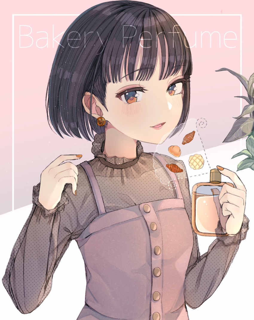 1girl absurdres ancolatte_(onikuanco) black_hair bob_cut brown_eyes commentary_request english eyebrows_visible_through_hair highres long_sleeves looking_at_viewer nail_polish orange_nails original parted_lips perfume_(cosmetics) plant short_hair smile solo upper_body
