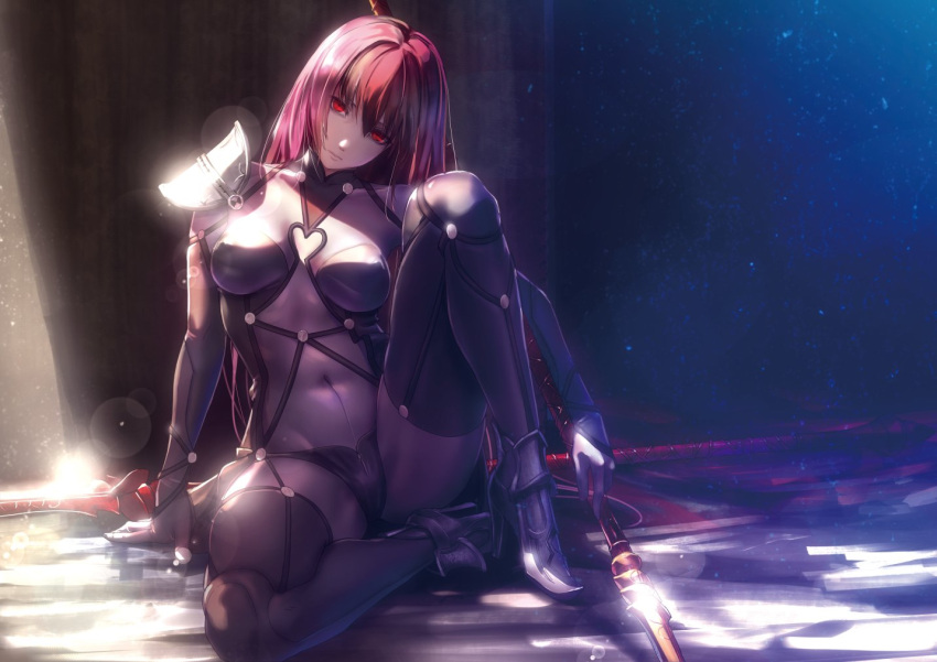 1girl arm_support armored_boots bangs bodysuit boots breasts covered_navel expressionless eyebrows_visible_through_hair fate_(series) gae_bolg glint hair_between_eyes head_tilt high_heel_boots high_heels holding knee_up large_breasts light light_particles long_hair looking_at_viewer navel nina_(ninageya) pauldrons polearm purple_bodysuit purple_hair red_eyes scathach_(fate)_(all) scathach_(fate/grand_order) shade sidelocks sitting solo spear tsurime very_long_hair weapon