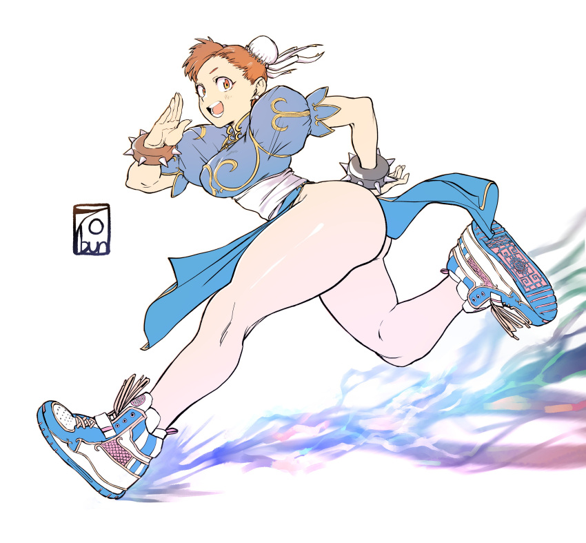 1girl 7bun_junbun absurdres bracelet brown_eyes brown_hair capcom china_dress chinese_clothes chun-li dress hair_bun highres jewelry looking_at_viewer pantyhose running shoes smile sneakers spiked_bracelet spikes street_fighter