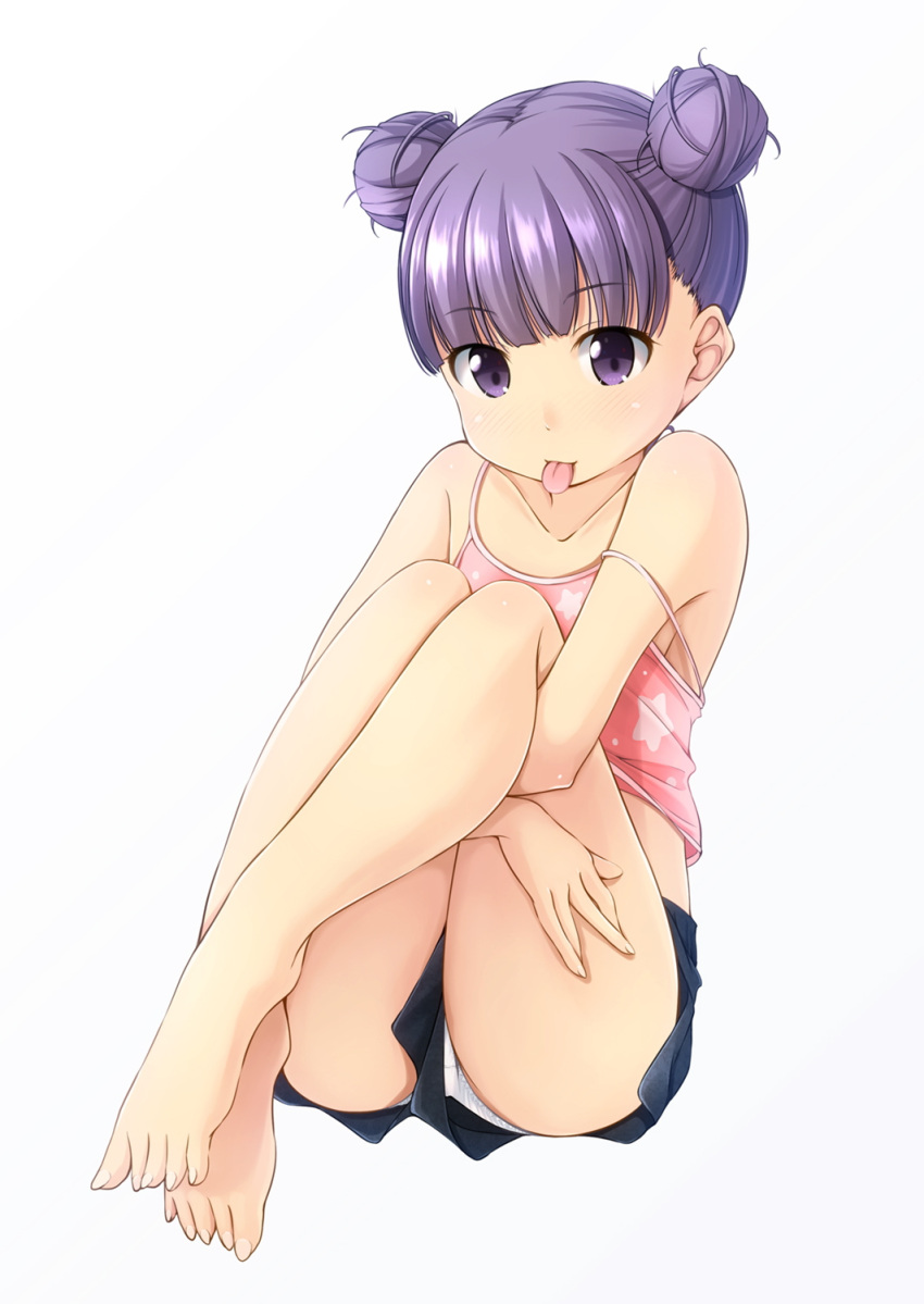 1girl :p bangs bare_legs bare_shoulders barefoot black_shorts blush camisole closed_mouth commentary_request double_bun eyebrows_visible_through_hair feet full_body gradient gradient_background grey_background highres leg_hug legs looking_at_viewer original panties pink_camisole print_camisole purple_hair shibacha short_shorts shorts side_bun sitting smile solo star star_print strap_slip toenails tongue tongue_out underwear violet_eyes white_background white_panties