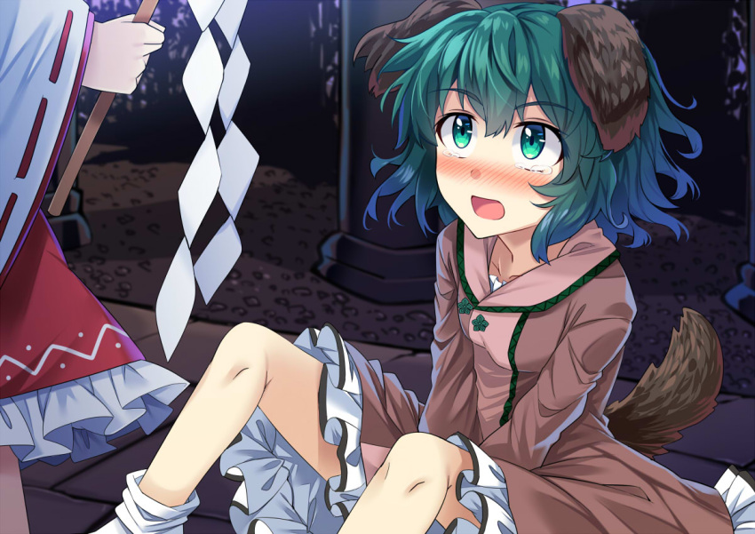 2girls animal_ears bangs blush brown_dress collarbone commentary_request dress e.o. eyebrows_visible_through_hair feet_out_of_frame gohei green_eyes green_hair hair_between_eyes hakurei_reimu head_out_of_frame holding kasodani_kyouko knees_up long_sleeves looking_at_another looking_up multiple_girls nose_blush petticoat red_skirt ribbon-trimmed_sleeves ribbon_trim short_hair sitting skirt socks standing tail tears touhou v_arms white_legwear wide_sleeves