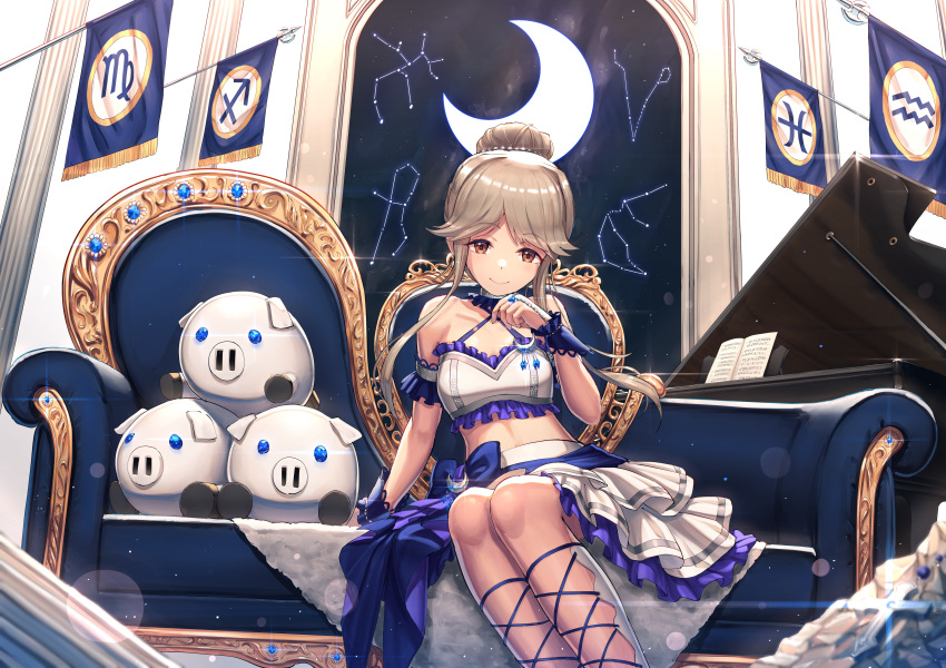 1girl absurdres aquarius aquarius_(constellation) bare_shoulders blue_bow bow brown_eyes brown_hair choker closed_mouth constellation couch crescent_moon crop_top cross cuffs eyebrows_visible_through_hair frills hair_bun highres huge_filesize idolmaster idolmaster_million_live! idolmaster_million_live!_theater_days indoors instrument jewelry legs long_hair looking_at_viewer mazeru_(oekaki1210) midriff moon night night_sky piano pisces pisces_(constellation) sagittarius sagittarius_(constellation) sheet_music skirt sky smile star stuffed_animal stuffed_pig stuffed_toy tenkuubashi_tomoka virgo virgo_(constellation) white_skirt window zodiac